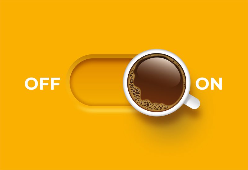 Off, On Switch with foam coffee in white coffee cup, Top view of porcelain coffee mug. Creative Banner, Coffee cup with switch button