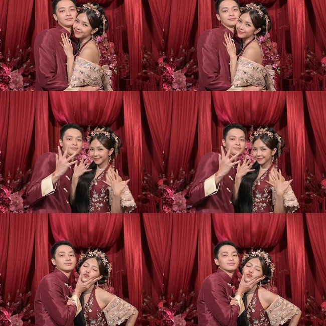 Riasan Meyden terlihat sedikit lebih tegas dibanding tampilan akad. Eyeshadow merah kecokelatan dengan shimmer lembut, eyeliner lebih tebal, dan lipstik merah keunguan yang menonjolkan kesan bold dan dramatis, senada dengan busana yang dikenakannya. Foto: Instagram @btr_meyden