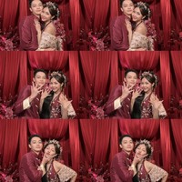 Riasan Meyden terlihat sedikit lebih tegas dibanding tampilan akad. Eyeshadow merah kecokelatan dengan shimmer lembut, eyeliner lebih tebal, dan lipstik merah keunguan yang menonjolkan kesan bold dan dramatis, senada dengan busana yang dikenakannya. Foto: Instagram @btr_meyden