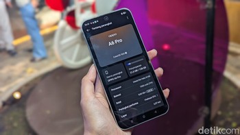 Spesifikasi inti Oppo A6 Pro 4G. Ponsel ini menggunakan chipset MediaTek Helio G100 dengan RAM 8GB dan memori internal hingga 256GB. Foto: Virgina Maulita Putri/detikINET