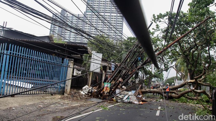 Petugas gabungan menebang pohon yang tumbang di Jalan Jombang Raya, Pondok Aren, Tangsel, Selasa (7/10/2025). Pohon besar yang tumbang disebabkan hujan disertai angin kencang siang ini.