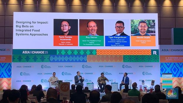 Salah satu sesi diskusi AsiaXchange 2025 di Jakarta, Selasa (7/10/2025). (CNBC Indonesia/Fergi Nadira)
