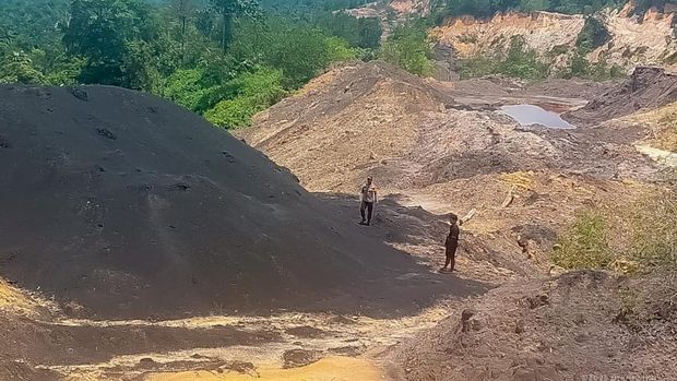 Area hutan lindung Bukit Tengkorak di Desa Sukomulyo, Kabupaten Penajam Paser Utara, Kalimantan Timur, tampak rusak akibat aktivitas tambang ilegal yang mengambil batu bara dan pasir. Foto diambil pada Senin, 29 September 2025. (Dok. Humas Otorita Ibu Kota Nusantara)