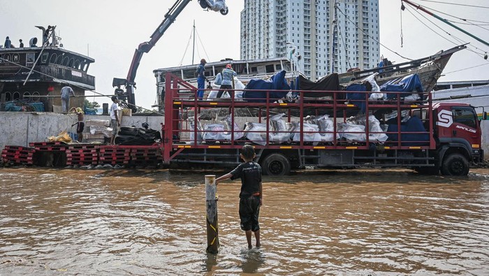 Banjir rob di pesisir Jakarta Seorang anak mengamati proses bongkar muat sepeda motor saat banjir rob di Pelabuhan Sunda Kelapa, Jakarta, Rabu (8/10/2025). Badan Penanggulangan Bencana Daerah (BPBD) Jakarta mengimbau warga pesisir utara untuk mewaspadai potensi banjir rob pada 8-15 Oktober 2025 yang disebabkan fenomena pasang maksimum air laut bersamaan dengan fase Bulan Purnama. ANTARA FOTO/Sulthony Hasanuddin/rwa.