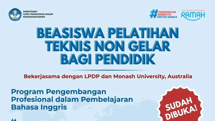 Beasiswa pelatihan bahasa Inggris untuk guru SD dan SMP.