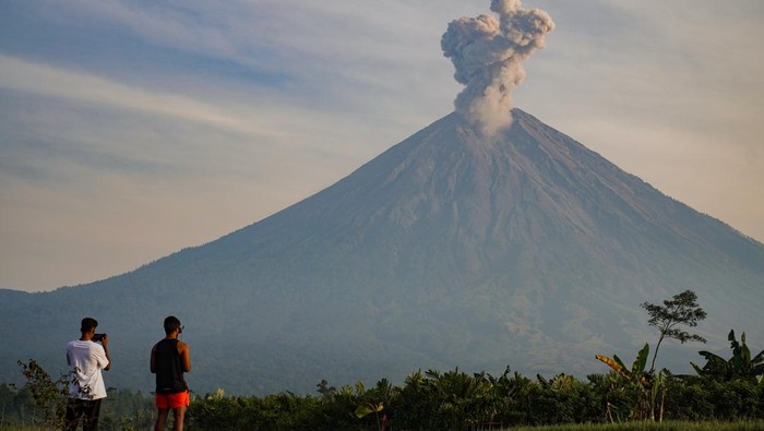 Wisatawan mengabadikan gambar asap vulkanis keluar dari kawah Gunung Semeru terlihat dari Kecamatan Pronojiwo, Lumajang, Jawa Timur, Rabu (8/10/2025). Berdasarkan laporan Pusat Vulkanologi Mitigasi Bencana Geologi (PVMBG) Gunung Semeru mengalami delapan kali erupsi pada pukul 00.21 hingga 08.20 WIB dengan tinggi letusan 300 hingga 700 meter di atas puncak. ANTARA FOTO/Irfan Sumanjaya
