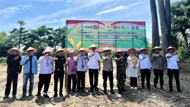 Kapolres Dumai AKBP Angga F Herlambang memimpin penanaman jagung di Jalan Soekarno Hatta, Kelurahan Bukit Nenas, Kecamatan Bukit Kapur.