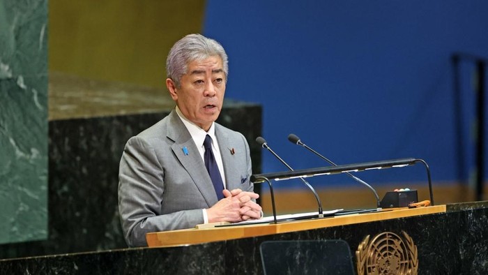 Minister of Foreign Affairs of Japan Takeshi Iwaya speaks during a United Nations Summit on Palestinians at UN headquarters during the United Nations General Assembly (UNGA) in New York on September 22, 2025. France and other countries prepared to recognize a Palestinian state as the UNs centerpiece diplomatic week got underway Monday, following a rash of Western governments in symbolically endorsing statehood and sparking Israels wrath. (Photo by ANGELA WEISS / AFP)