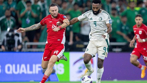 JEDDAH, SAUDI ARABIA - OCTOBER 8:  Firas Al Braikan of Saudi Arabia challenged by Marc Klok of Indonesia during the AFC Asian qualifiers 4th Round Group B match between Saudi Arabia and Indonesia at King Abdullah Sports City on October 8, 2025 in Jeddah, Saudi Arabia. (Photo by Yasser Bakhsh/Getty Images)
