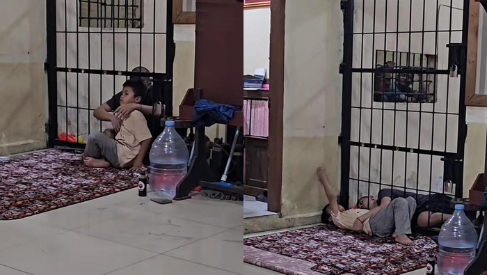 Momen tahanan peluk anak yang terhalang pintu sel tahanan di Polsek Sekernan, Muaro Jambi, Jambi