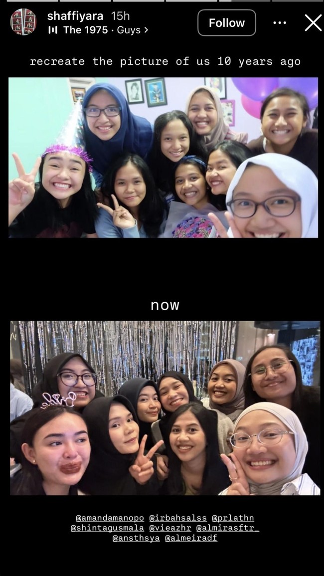 Dari unggahan diketahui bahwa persahabatan yang terjalin antara Amanda dengan teman-temannya itu sudah 10 tahun lebih. Mereka bahkan me-recreate foto kebersamaannya saat ini dan 10 tahun yang lalu. Foto: Instagram