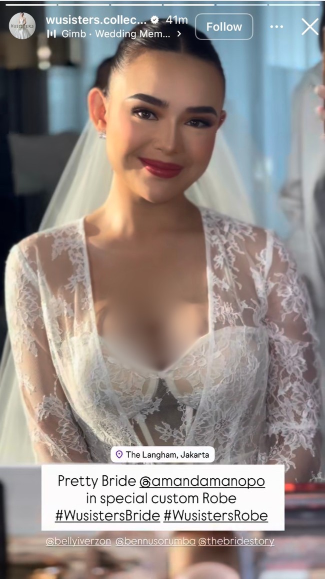 Tersenyum ke arah kamera, Amanda memancarkan pesona pengantin yang memikat. Foto: Instagram/@bellyiverzon/@wusisters.collection