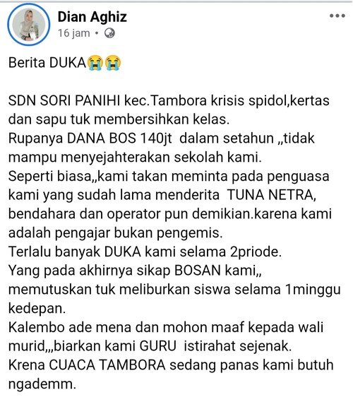 Guru dengan akun Facebook Dian Aghiz ungkap SDN Sori Panihi di Desa Rasabaou, Kecamatan Tambora, Kabupaten Bima, minim ATK meski mendapatkan dana BOS Rp 140 juta/tahun. (Tangkapan layar unggahan di Facebook)