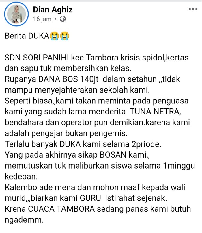 Guru dengan akun Facebook Dian Aghiz ungkap SDN Sori Panihi di Desa Rasabaou, Kecamatan Tambora, Kabupaten Bima, minim ATK meski mendapatkan dana BOS Rp 140 juta/tahun. (Tangkapan layar unggahan di Facebook)