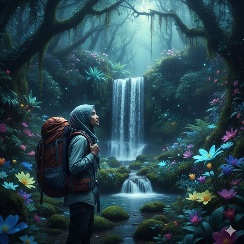 Ilustrasi air terjun (Gambar yang disajikan dalam artikel ini bukanlah foto asli hasil pemotretan, melainkan kreasi visual yang sepenuhnya dihasilkan oleh kecerdasan buatan Gemini AI)