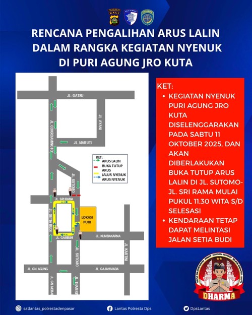 Pengalihan arus lalu lintas di dekat Puri Agung Jro Kuta Denpasar, Jalan Sutomo, Desa Pemecutan Kaja, Denpasar Utara pada Sabtu (11/10/2025). (Satlantas Denpasar)