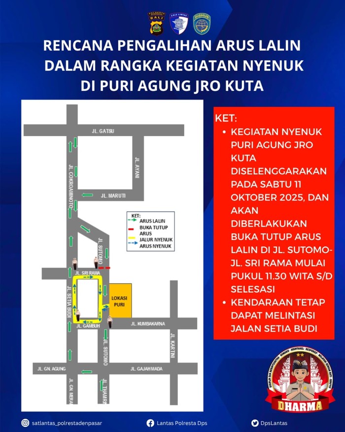 Pengalihan arus lalu lintas di dekat Puri Agung Jro Kuta Denpasar, Jalan Sutomo, Desa Pemecutan Kaja, Denpasar Utara pada Sabtu (11/10/2025). (Satlantas Denpasar)
