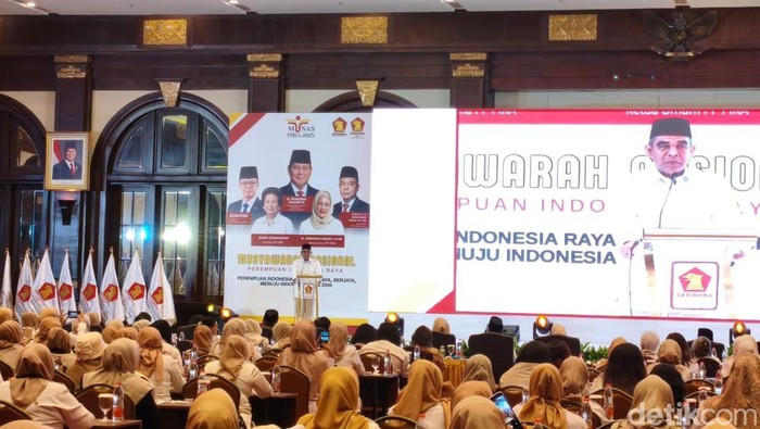 Sekretaris Dewan Pembina Partai Gerindra, Ahmad Muzani, menghadiri penutupan Musyawarah Nasional (Munas) organisasi sayap partai Gerindra, Perempuan Indonesia Raya (PIRA). (Kurniawan F/detikcom)