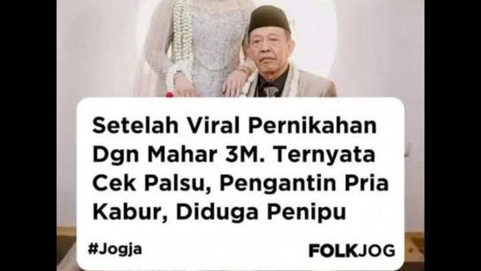 Kiriman salah satu akun Instagram yang menyebutkan bahwa mahar Rp 3 miliar berupa cek dari Mbah Tarman untuk Shela ternyat palsu.