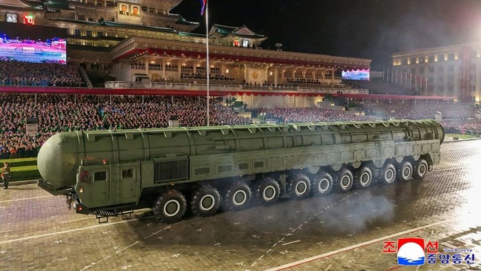 This picture taken on October 10, 2025 and released from North Koreas official Korean Central News Agency (KCNA) on October 11, 2025 shows the Hwasong-20, a new intercontinental ballistic missile (ICBM), during the military parade to celebrate the 80th founding anniversary of the Workers Party of Korea in Pyongyang. (Photo by KCNA VIA KNS / AFP) / South Korea OUT / ---EDITORS NOTE--- RESTRICTED TO EDITORIAL USE - MANDATORY CREDIT 