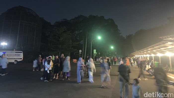 Seorang warga asal Cipayung, Jakarta Timur, Febri (38) memilih menikmati akhir pekan dengan berwisata malam di Taman Margasatwa Ragunan bareng anak-anaknya (Mulia/detikcom)