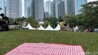 Hamparan rumput dan pemandangan gedung bertingkat di Hutan Kota GBK memberi kesan berbeda saat piknik. Di sana sudah disediakan karpet pikniknya. Foto: detikcom/Riska Fitria