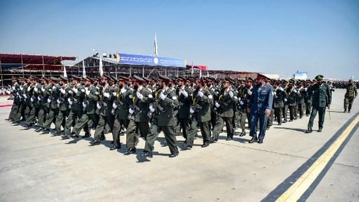 Taliban security personnel take part in a military parade to celebrate the third anniversary of Talibans takeover of Afghanistan, at the Bagram Air Base, in Bagram, Parwan province on August 14, 2024. Taliban authorities kicked off celebrations of the third anniversary of their rule over Afghanistan on August 14, at the former US Bagram air base. (Photo by Ahmad SAHEL ARMAN / AFP)