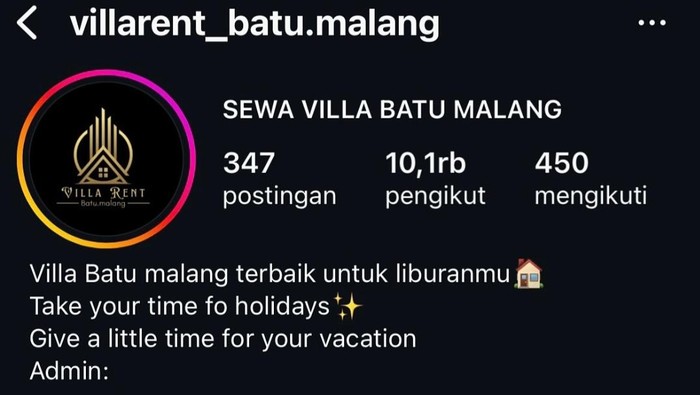 Tangkapan layar postingan akun penipuan sewa vila di Kota Batu