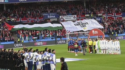 OSLO, NORWAY - OCTOBER 11: A view of the stands at Ullevaal Stadium as Palestinian flags and pro-Palestinian banners are being displayed as Norway and Israel face off in a 2026 FIFA World Cup European Qualifier Group I match, on October 11, 2025 in Oslo, Norway. (Photo by Halil Sagirkaya/Anadolu via Getty Images)