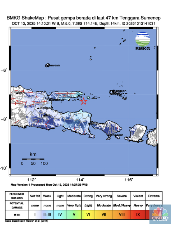 Pusat gempa berada di laut 47 km Tenggara Sumenep. (BMKG)