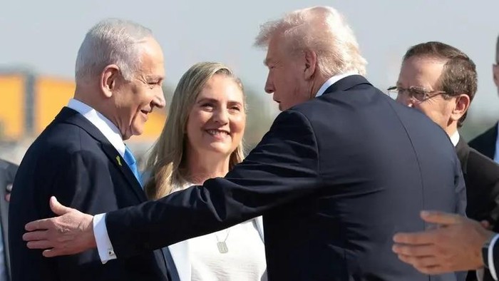 Israeli Prime Minister Benjamin Netanyahu welcomes U.S. President Donald Trump at Ben Gurion International Airport, amid a U.S.-brokered prisoner-hostage swap and ceasefire deal between Israel and Hamas, in Lod, Israel, October 13, 2025. (Reuters)