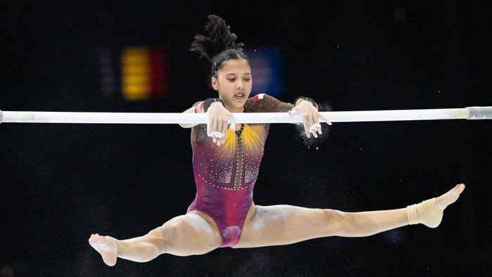 ANTWERP, BELGIUM - October 01: Ameera Hariadi of Indonesia performs her routine on the uneven bars during Womens Qualification at the Artistic Gymnastics World Championships-Antwerp 2023 at the Antwerp Sportpaleis on October 1st, 2023 in Antwerp, Belgium. (Photo by Tim Clayton/Corbis via Getty Images)