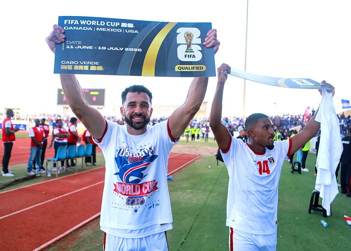 Praia , Cape Verde - 13 October 2025; Roberto Lopes, left, and Deroy Duarte of Cape Verde celebrate their sides qualification for the 2026 FIFA World Cup after the FIFA World Cup 2026 African qualifying match between Cape Verde and Eswatini at Estádio Nacional de Cabo Verde in Praia, Cape Verde. (Photo By Cristiano Barbosa/Sportsfile via Getty Images)