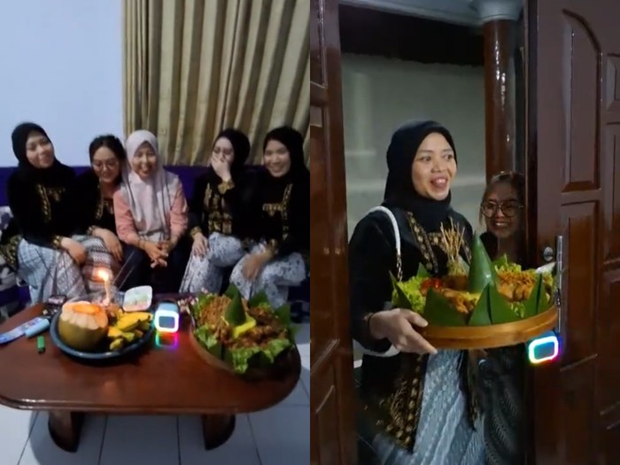 Para wanita memberikan kejutan berupa sesajen sebagai kue ulang tahun di Malang, Jawa Timur. Postingan tersebut langsung viral di media sosial.
