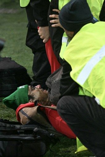 A stewart (L)  takes a Palestinian national flag from a fan (R) who wanted to display during the FIFA World Cup 2026 Group I qualification football match between Italy and Israel, at the the Bluenergy Stadium in Udine northeastern Italy, on October 14, 2025. (Photo by Stefano RELLANDINI / AFP)