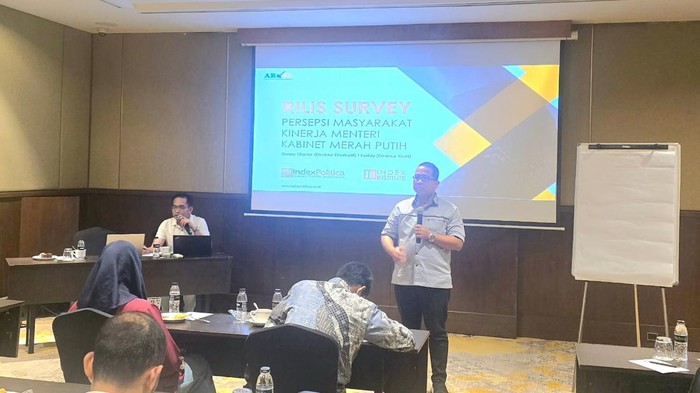 Lembaga survei Index Politica merilis hasil survei top of mind menteri di Kabinet Merah Putih