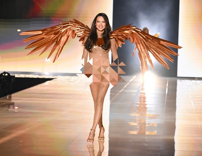 Energi ceria dan menyenangkan itu ditampilkan Adriana Lima saat memeragakan bodysuit transparan warna nude yang dihiasi kristal. Dia juga memakai sepasang sayap berwarna bronze yang identik untuk penampilan Victoria’s Secret Angels. Foto: Getty Images, WireImage/Taylor Hill