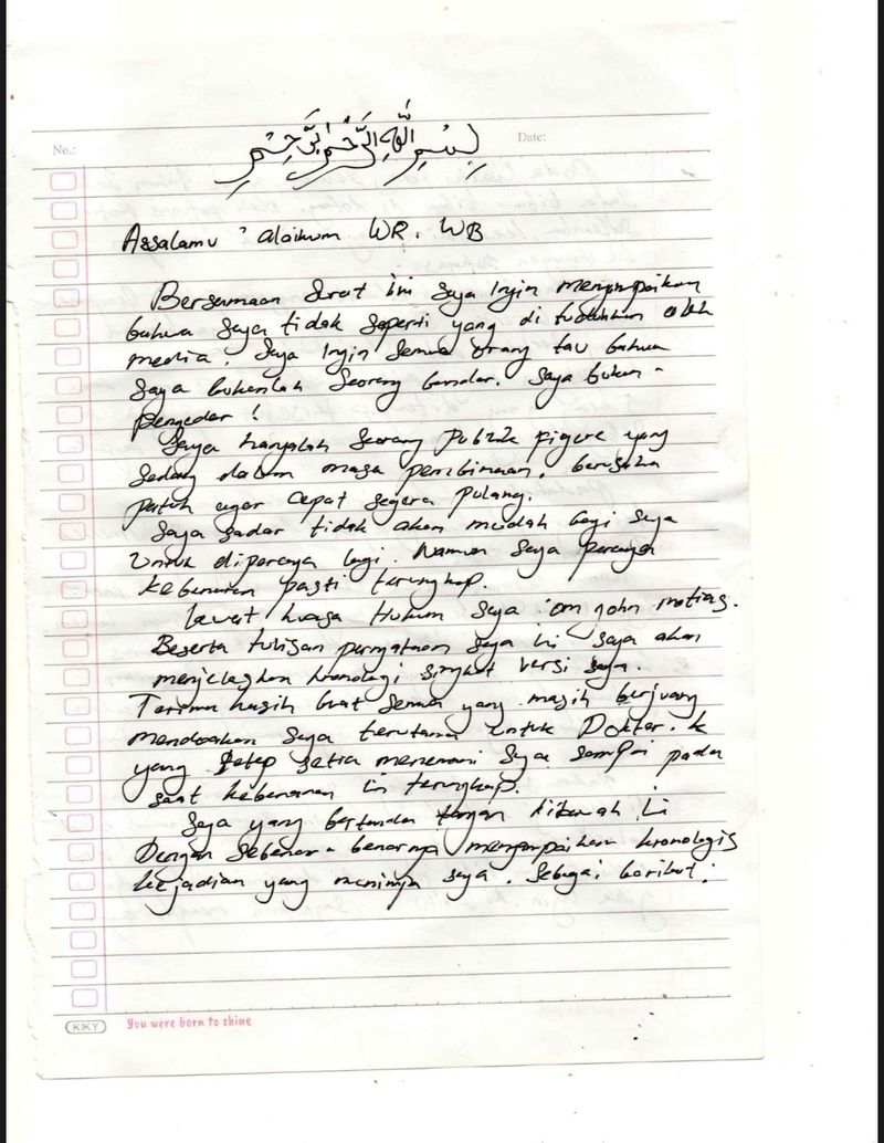 Surat dari Ammar Zoni sebelum dipindah ke Nusakambangan.