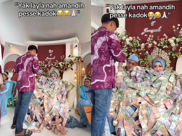 Kedua pengantin di Madura ini memakai kalung uang tunai mulai dari pecahan uang Rupiah hingga Dollar. Postingan curhatan tersebut langsung viral di media sosial