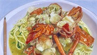 Olahan mie berkuah creamy kental dengan topping kepiting yang berdaging tebal juga tampak dibuat oleh Steven Tang. Tampilannya persis aslinya, hanya saja berupa ilustrasi. Foto: Instagram/@steventang.art