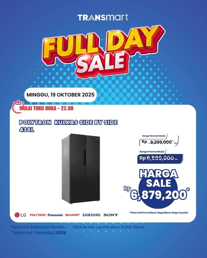 Ada Diskon Gede Kulkas Side by Side Polytron di Transmart Full Day Sale