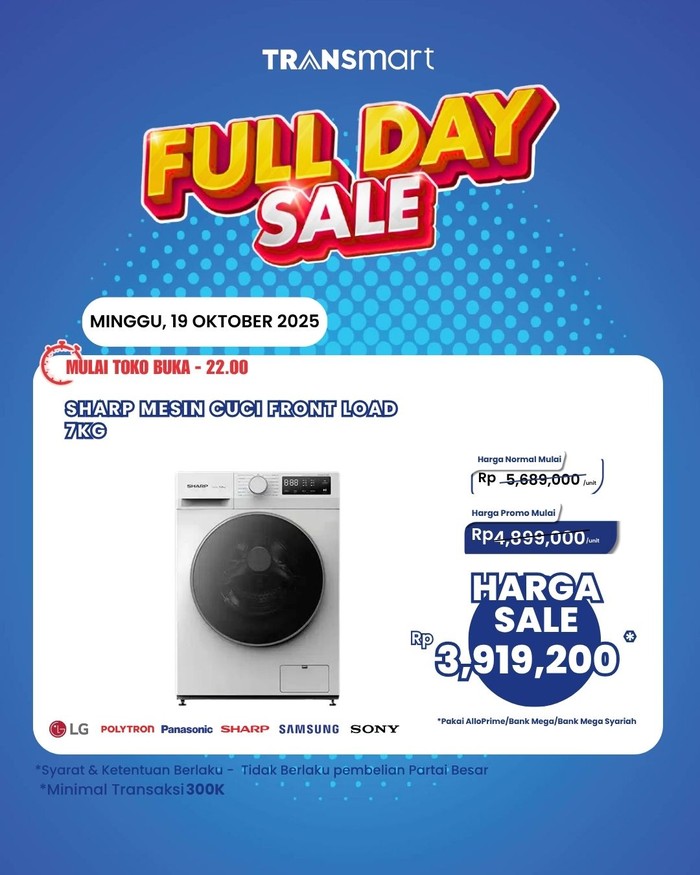 Mesin Cuci Front Load 7KG Hanya Rp 3 Jutaan di Transmart Full Day Sale