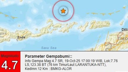 Gempa terjadi di Larantuka, Flores Timur, Minggu (19/10/2025) sore.