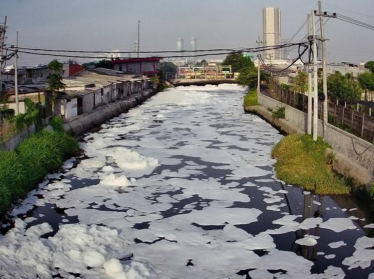 Busa Putih Tebal Selimuti Sungai di Surabaya, Diduga Akibat Limbah