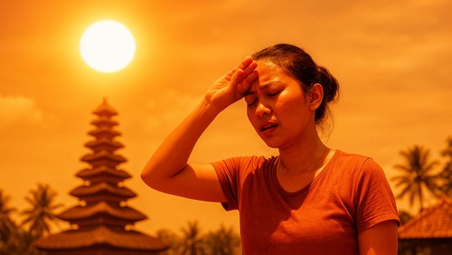 Ilustrasi cuaca Bali. Ilustrasi Bali panas. Ilustrasi panas Bali. (AI)