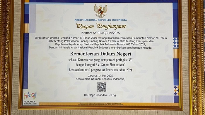 Kemendagri Raih Predikat Sangat Memuaskan dalam Pengawasan Kearsipan 2024