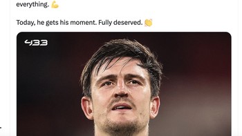 Bahagia untuk Maguire. Dijadikan meme bertahun-tahun kapanpun MU kalah. Dikritik secara konstan. Tapi dia tak pernah menyerah, tulis akun ini. Foto: X.com