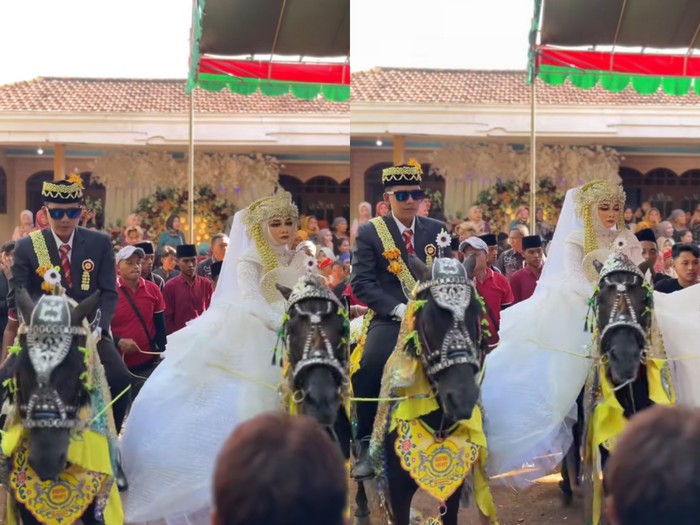 Suasana resepsi pernikahan di Madura, Jawa Timur ini mendadak jadi sorotan dan viral di media sosial, pasangan pengantin kompak diarak naik kuda dan ada kerapan sapi.