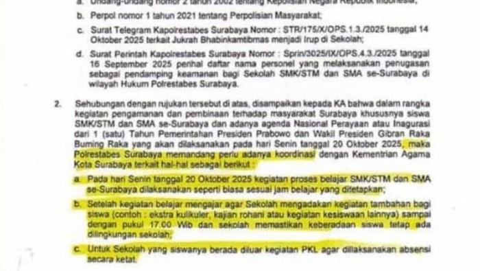 Surat edaran untuk pelajar SMA/SMK di Surabaya dipulangkan lebih sore hari ini
