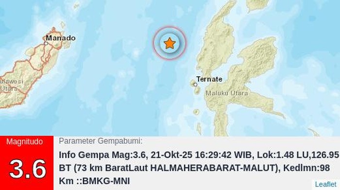 Gempa bumi magnitudo (M) 3,6 terjadi di Kabupaten Halmahera Barat, Maluku Utara (Malut).